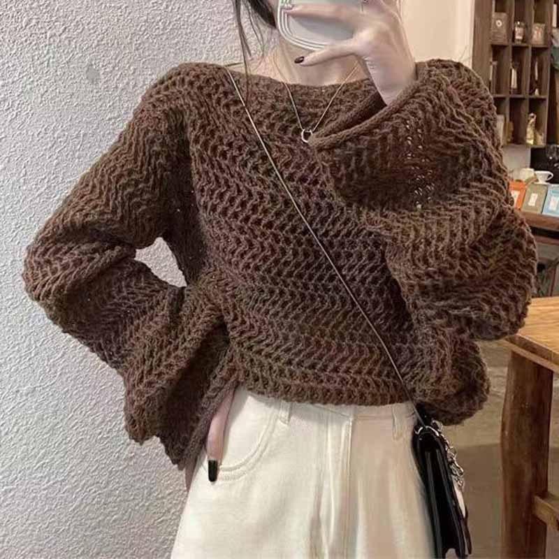 

Французский ажурный вязаный свитер для женщин, однотонные женские свитера с длинными рукавами, женские шикарные топы с круглым вырезом One Size темно-коричневого