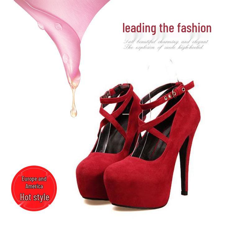 2024 European & American Style Suede High Heel Platform Buckle Wedding Shoes, Plus Size 43 for Women