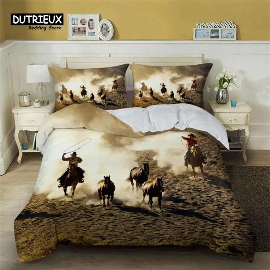 Vintage Duvet Cover Set Microfiber Rodeo Cowboy Riding Bull Wooden Old Sign Western Style Wilderness At Sunset Image Bedding Set