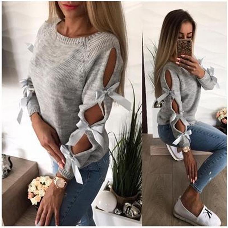 Women Bow Hollow Out Long Sleeve Warm Sweater Pullover Knitting Loose O-Neck Tops Blouse Knitwear
