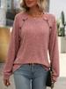 2024 Women's Crew Neck Ribbed Long Sleeve Button T-shirt - Solid Color