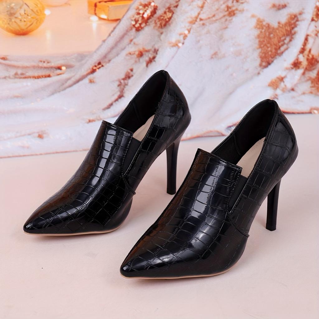 Jesienno-zimowe czarne buty na wysokim obcasie z czubkiem i wzorem kamienia, na smukłym obcasie, zaprojektowane dla unikalnego i eleganckiego stylu, wygodne dla kobiet.