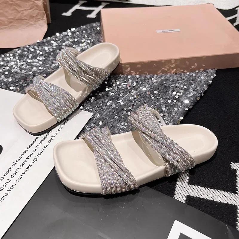 Flats Women Slippers Crystal Shoes Summer Casual Cozy Woman Sandals 2026 Beach Flip Flops Dress Walking Mujer Zapatos 35 бежевый 2780₽