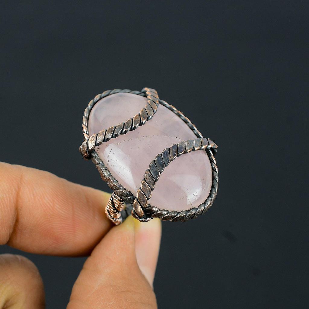 Rose Quartz Gemstone Copper Wire Wrapped Handmade Jewelry Ring Gift For Her