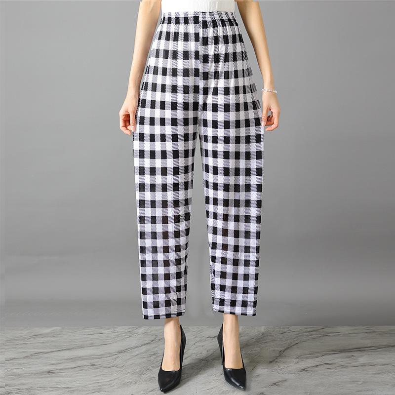 Letnie spodnie damskie Harem z nadrukiem z lodowego jedwabiu - Chłodne, Codzienne, Proste nogawki