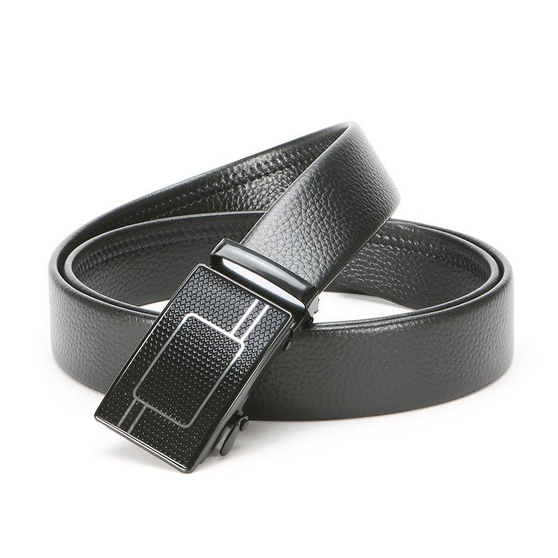Men'S Automatic Buckle Iron Buckle Hemming Lychee Pattern Black Belt Middle-Aged And Young Business Belt
