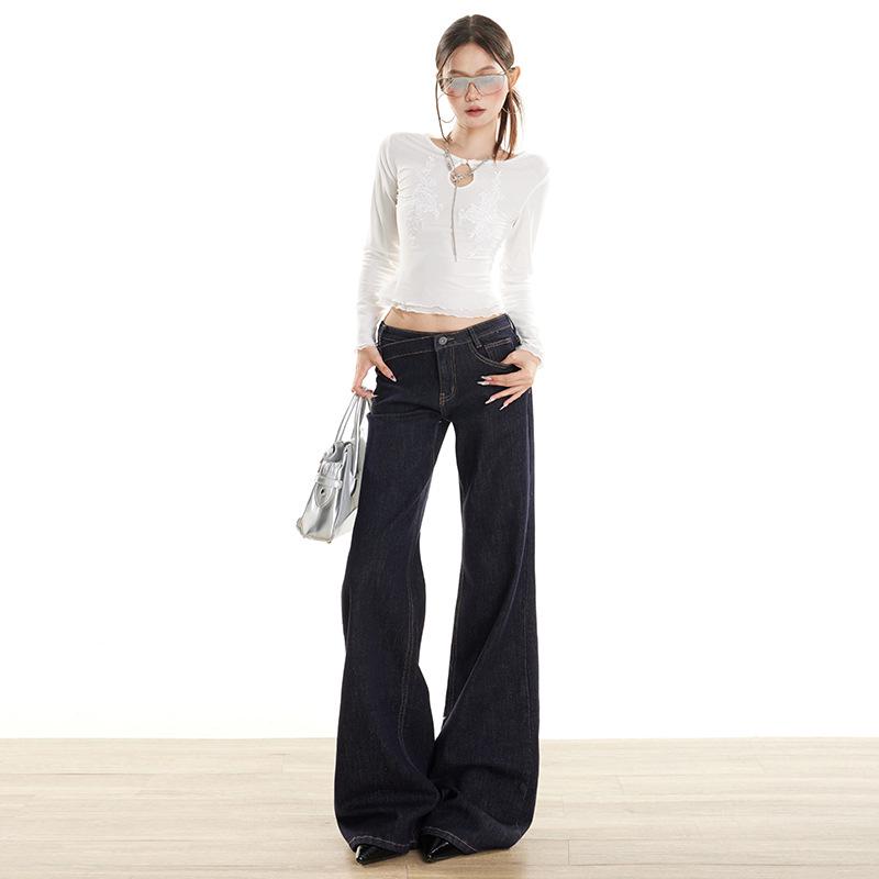 Retro Anti-Fade Denim Blue Low-Rise Micro-Flare Jeans with Irregular Design