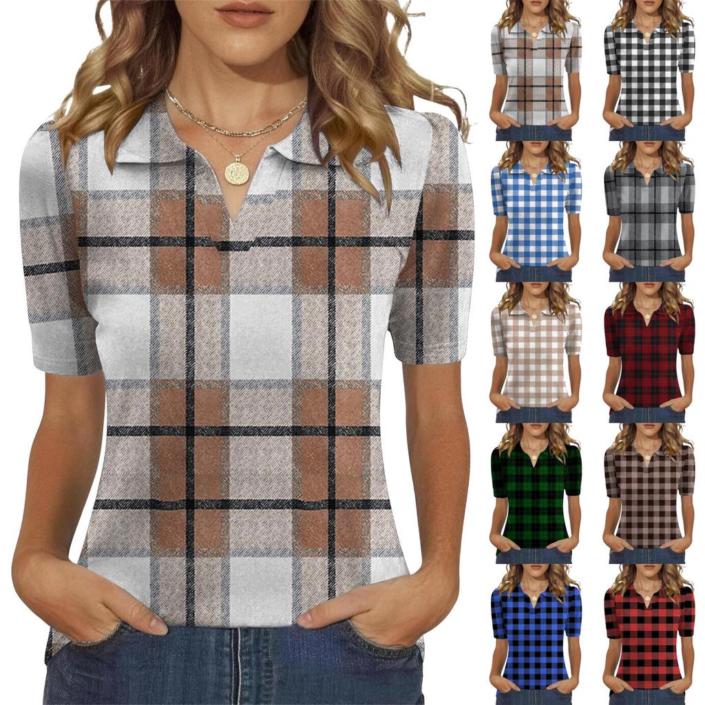 Women’s Short Sleeve Polo Shirt with Classic Checkered Pattern Casual Collar Design for Daily Wear Office School