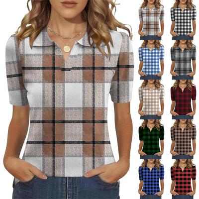 Women’s Short Sleeve Polo Shirt with Classic Checkered Pattern Casual Collar Design for Daily Wear Office School