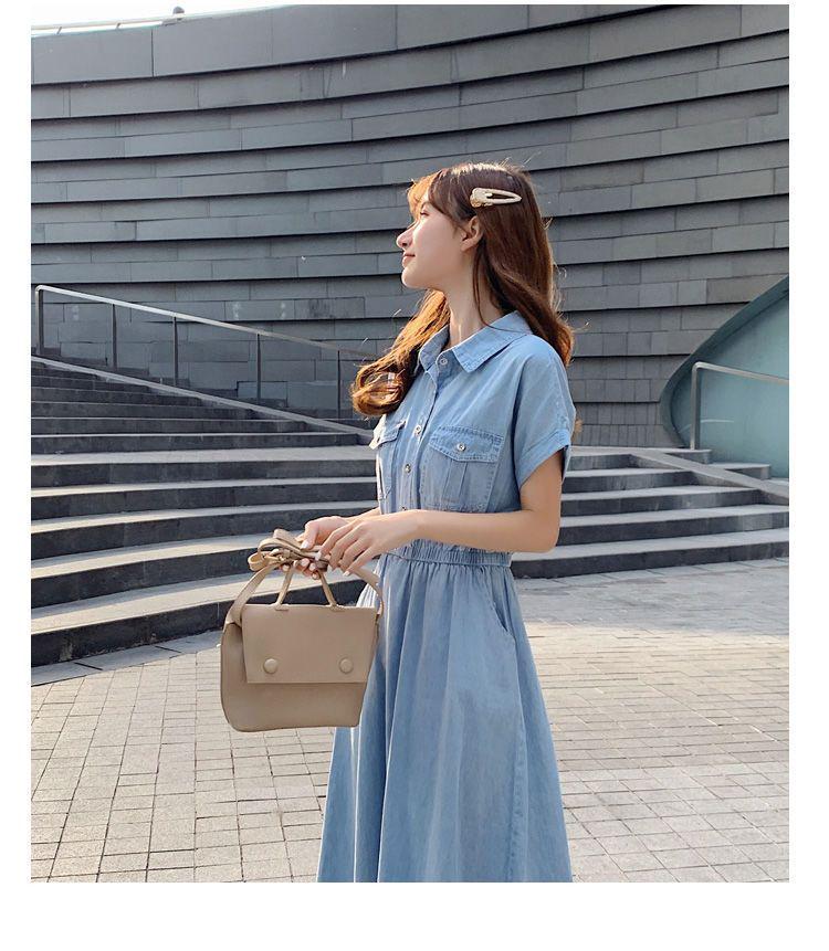 2026 Women's Summer Elegant Waist-Cinched Denim-Look Shirt Dress, Korean Style Mid-Length Skirt