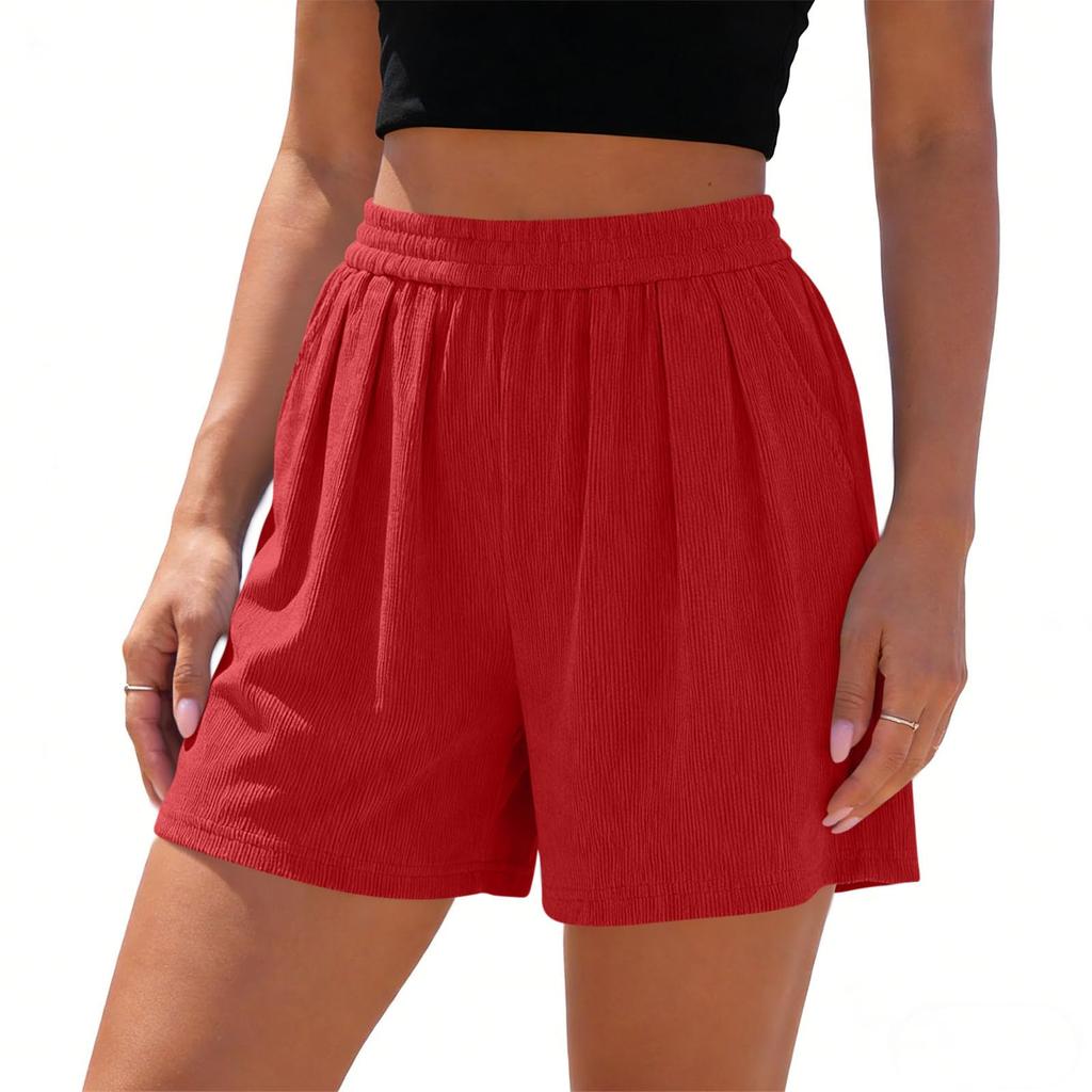 Women High Waist Pleated Loose Fit Shorts with Elastic Waistband Lightweight Comfortable Summer Bottoms for Daily Wear