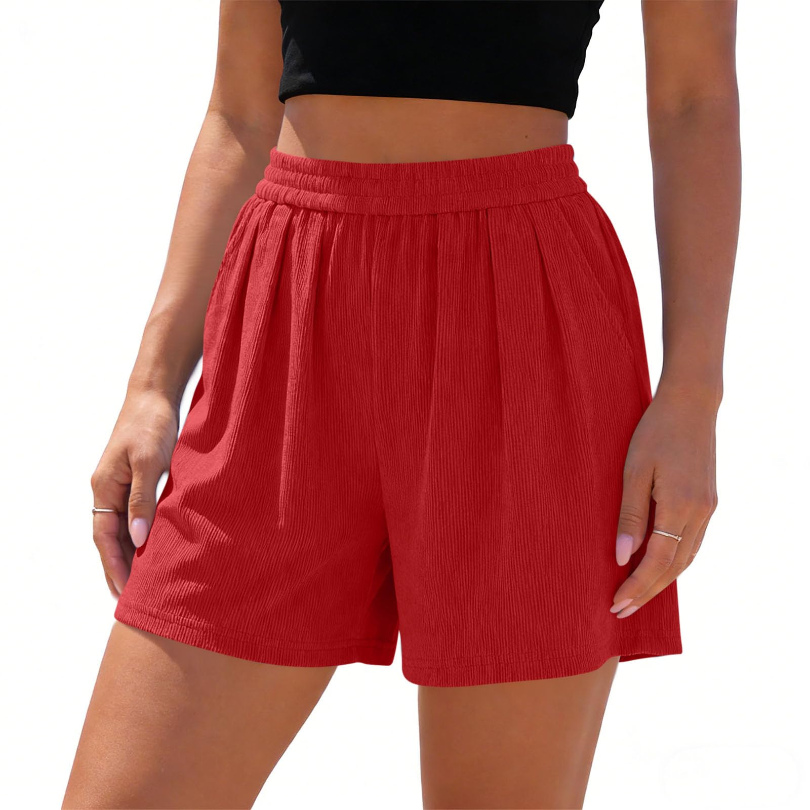 

Ladies Color Loose Linen Casual Pocket High Waisted Beach Shorts XL червоний