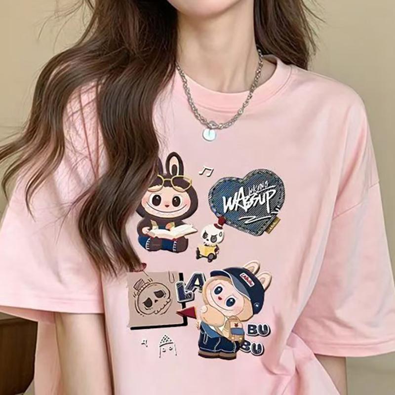 Hot Summer Labubu Print Women Short Sleeve T-shirt Casual Fashion Clothing Girl Cartoon Cute Anime Printed Tops