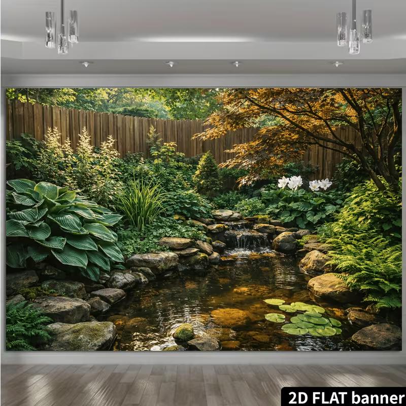 2D Zen Courtyard Rock Stream Maple Tree Greenery Studio Backdrop 47.2x31.5inch/120*80cm