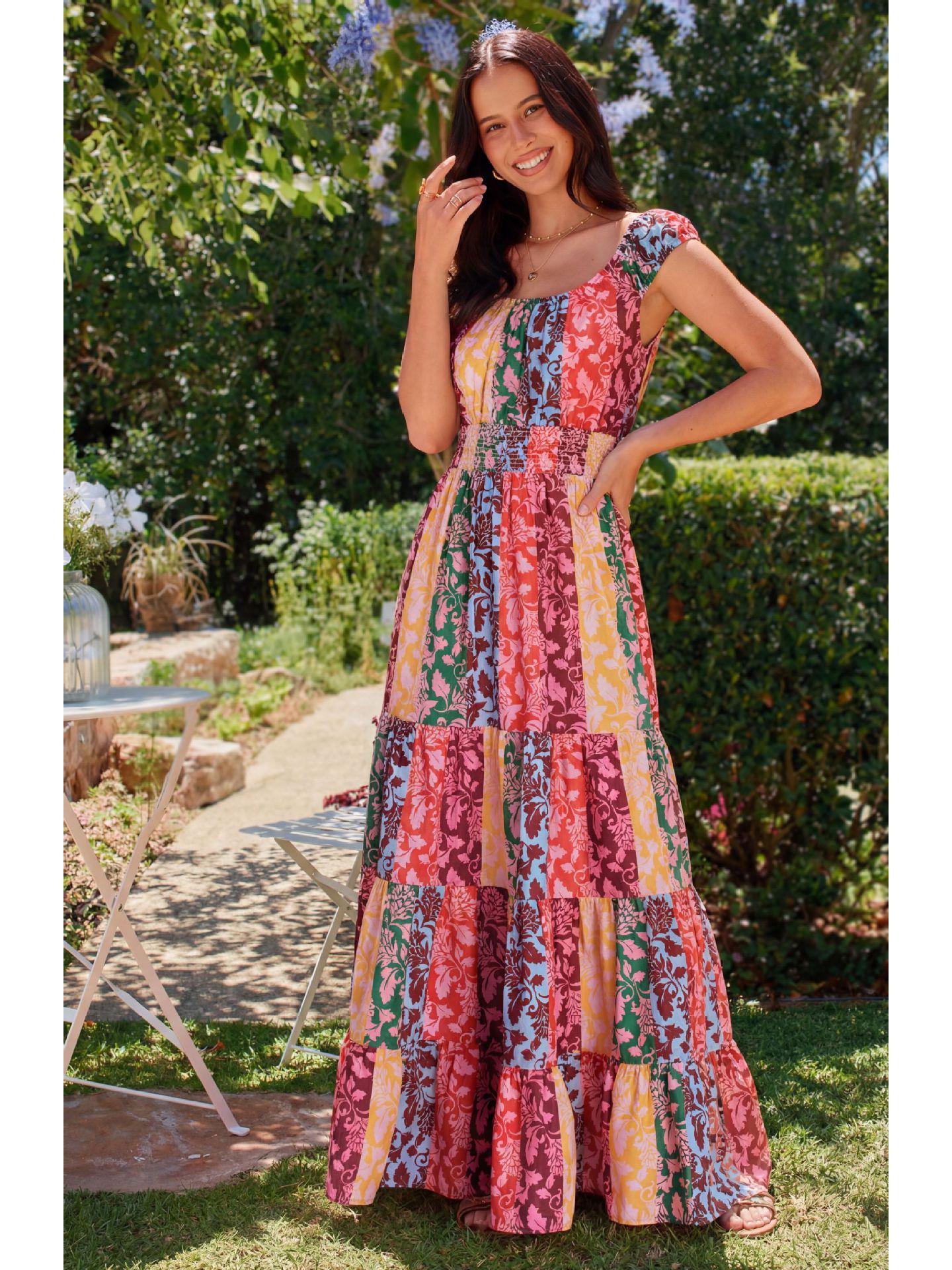 2026 Spring/Summer Bohemian Style Printed Ruched Waist Dress L красный