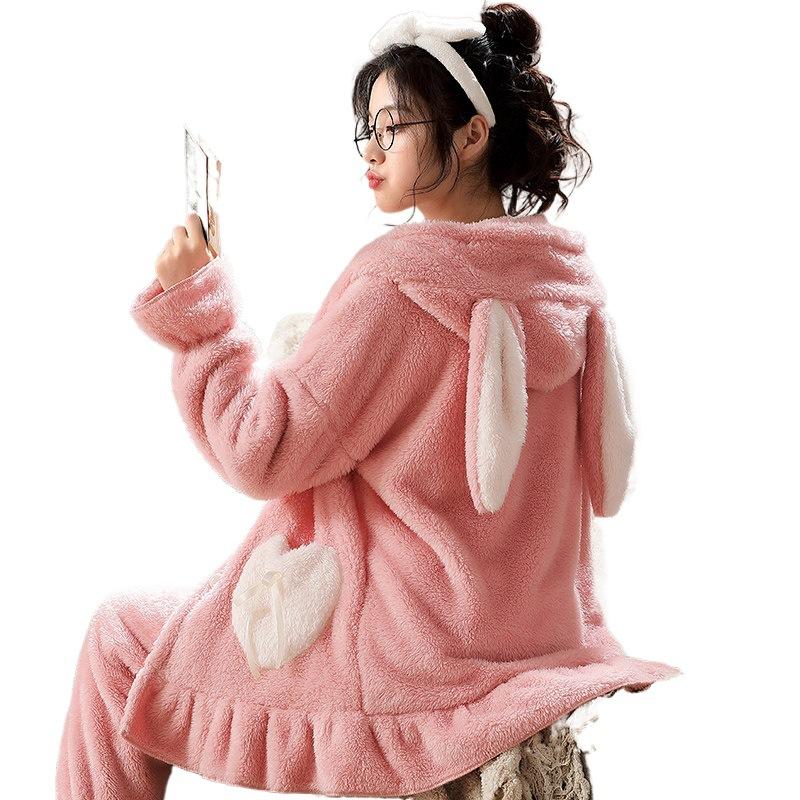 Autumn and Winter Women's Flannel Thickened Warm Suit Pajamas Lovely Simple Home Clothes