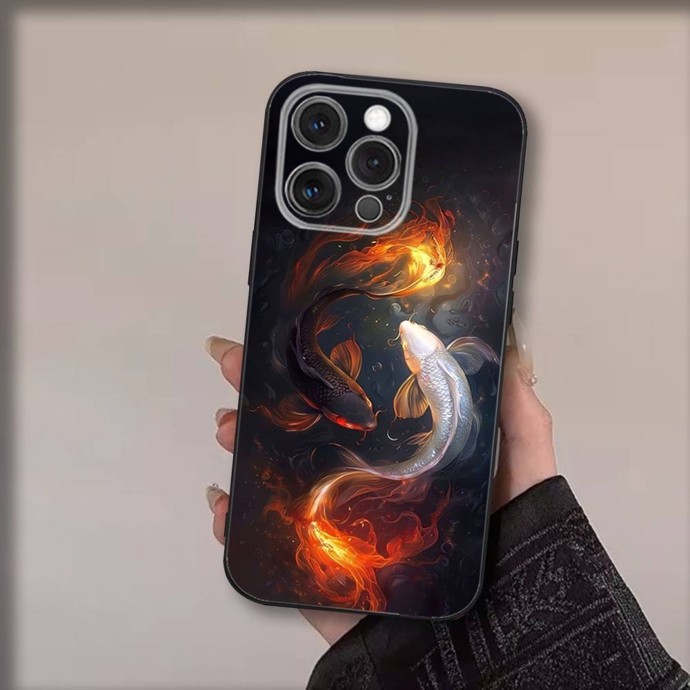 Koi Karpfen Fisch Yin Yang Handyhülle Für iPhone 17,16,15,14,13,12,11,Pro,Max,Plus,Air,X,XS,XR,SE,8,7,Mini,Weiche Schwarze Hülle