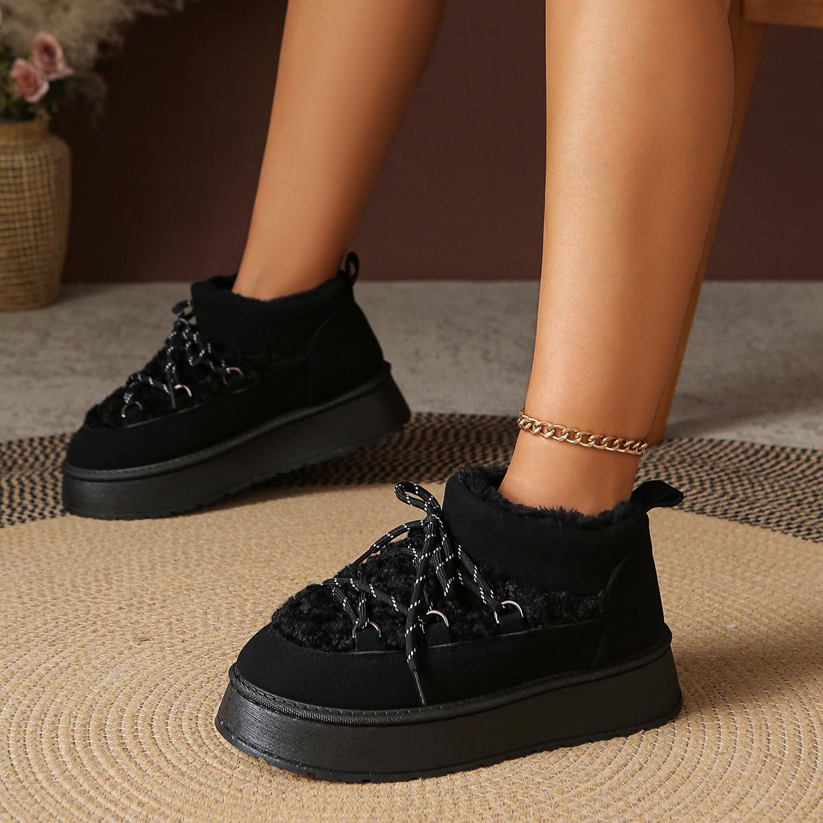 

Модные повседневные зимние ботинки на толстой подошве для женщин 2025, удобные ботильоны с круглым носком из короткого плюша, модная шнуровка, меховая отделка 42 чёрный