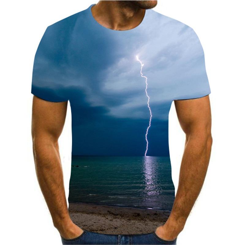 2024 Pánské tričko s 3D potiskem Tričko s potiskem krajiny s blesky Kulatý výstřih Plážová trička Pánské tričko Léto