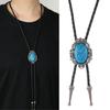 Elegant Crack Turquoises Accented Bolo Tie With Leather Cord Adjustable Necktie Necklace For Casual Or Formal Outfit