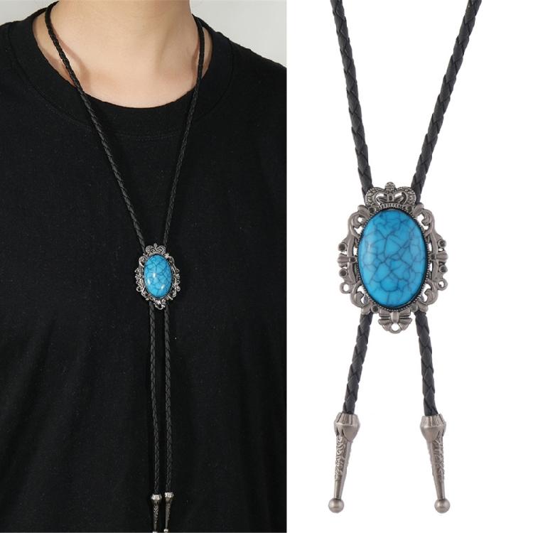 Elegant Crack Turquoises Accented Bolo Tie With Leather Cord Adjustable Necktie Necklace For Casual Or Formal Outfit