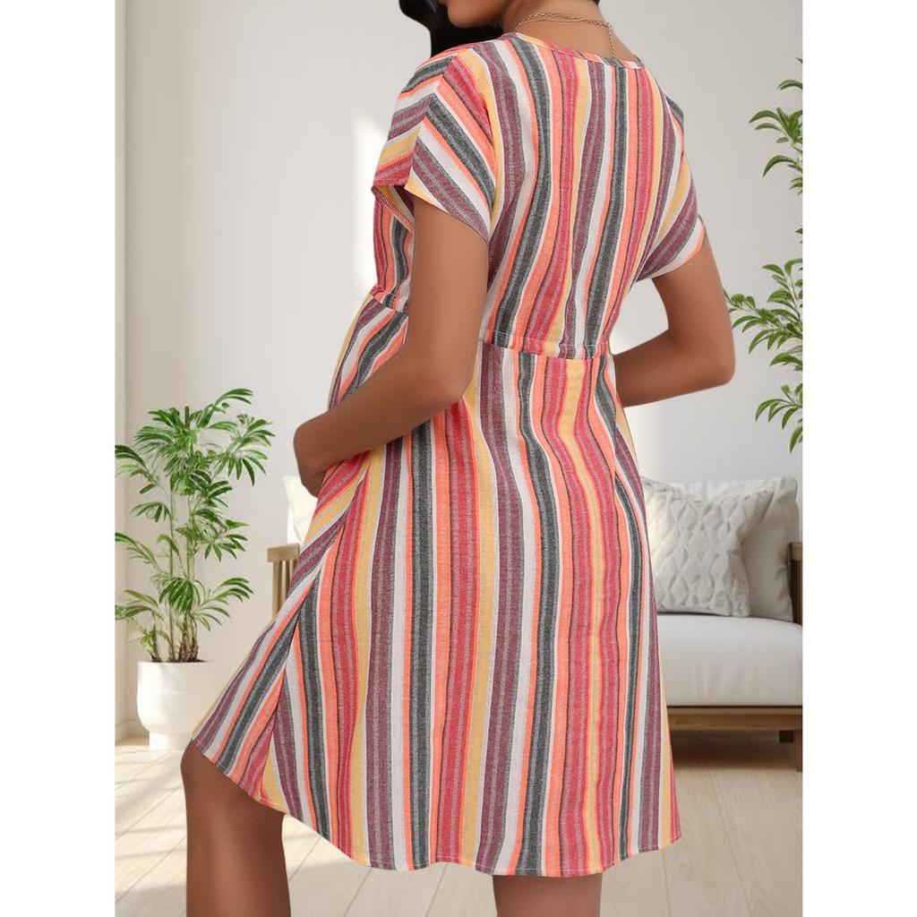 GMXIA V-neck Short-sleeved Loose Casual Striped 3D Printed Waist Tie Maternity Dress