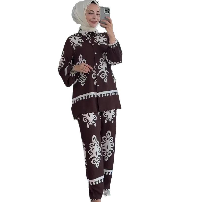 2024 Autumn Women's Casual Fashion Print Two-Piece Set: Loose Top & Long Pants