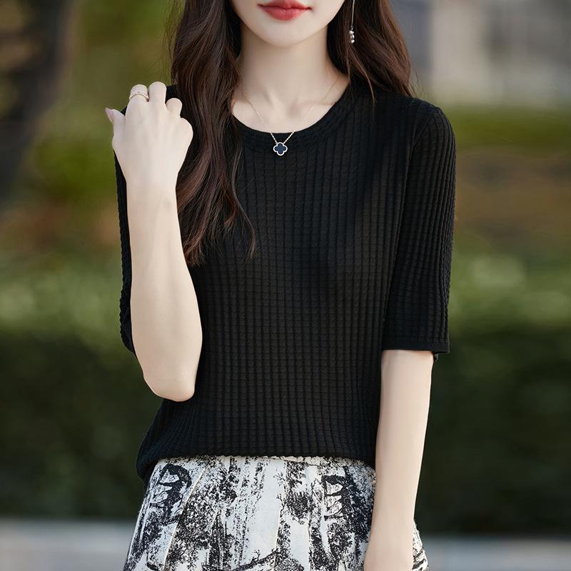 Tennis T-shirt Round Neck Waffle Solid Color Knitted Short-sleeved Women's Loose Half-sleeved Bottom Shirt Top
