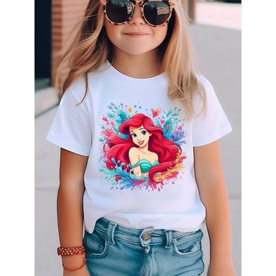 Girl Ariel Little Mermaid T-shirt Foam Print, Casual Summer Short Sleeve Round Neck Top Suitable for the Beach