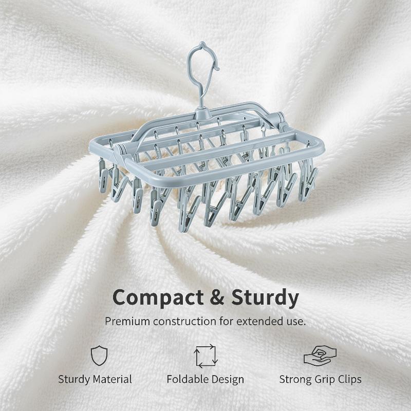 Foldable Laundry Drying Rack With 32 Clips 360 Rotating Hook For Home Dorm Use