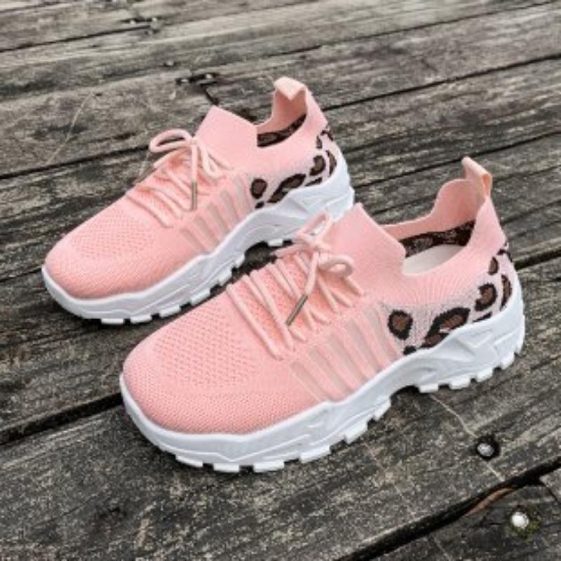 

Кроссовки из мушиной ткани большого размера, весенне-летние новинки, круглый носок, подошва-маффин, леопардовый принт, дышащие одинарные туфли 43 розовый
