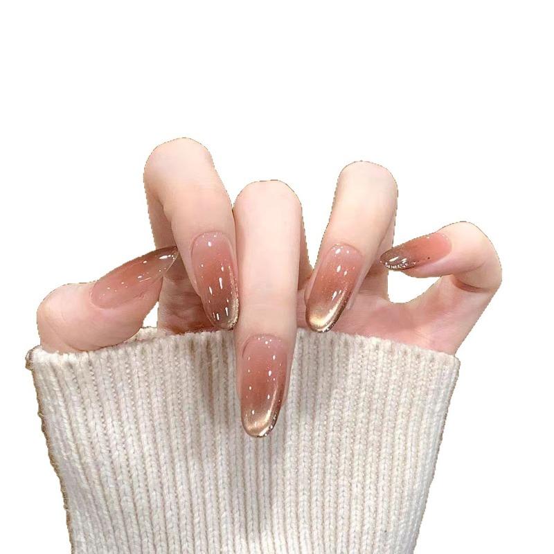 10 Pcs Handmade Cat Eye Glitter Clear Press On Nails Elegant Minimalist Long Oval Fake Nails Gift For Women