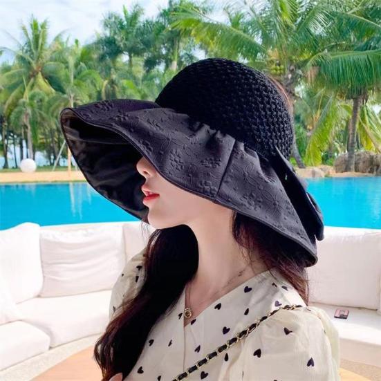 Sun Hat with Bow Design Foldable Breathable Hollow Woven Large Brim Jacquard Fabric UV Protection Face Slimming Summer Travel Hat