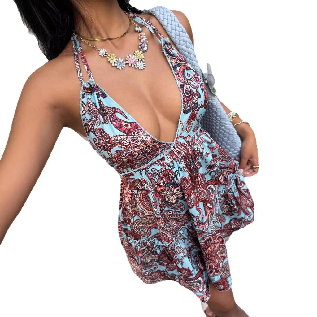 Women's 2026 Summer Bohemian Geometric Print Backless Spaghetti Strap Dress