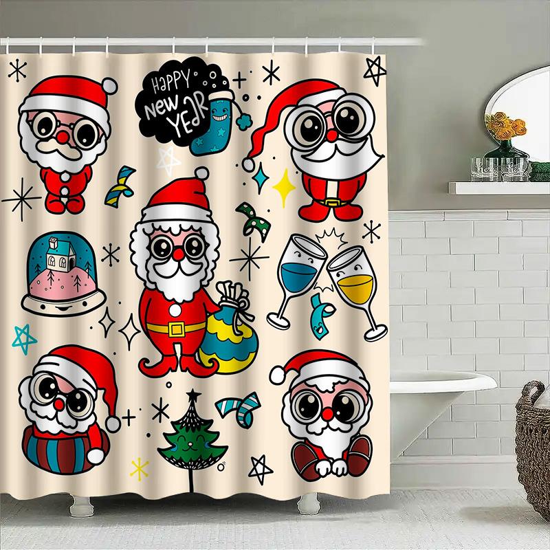 Whimsical Santa Claus Christmas Shower Curtain Set for Home Decor Happy New Year Party Decoration Gifts Idea
