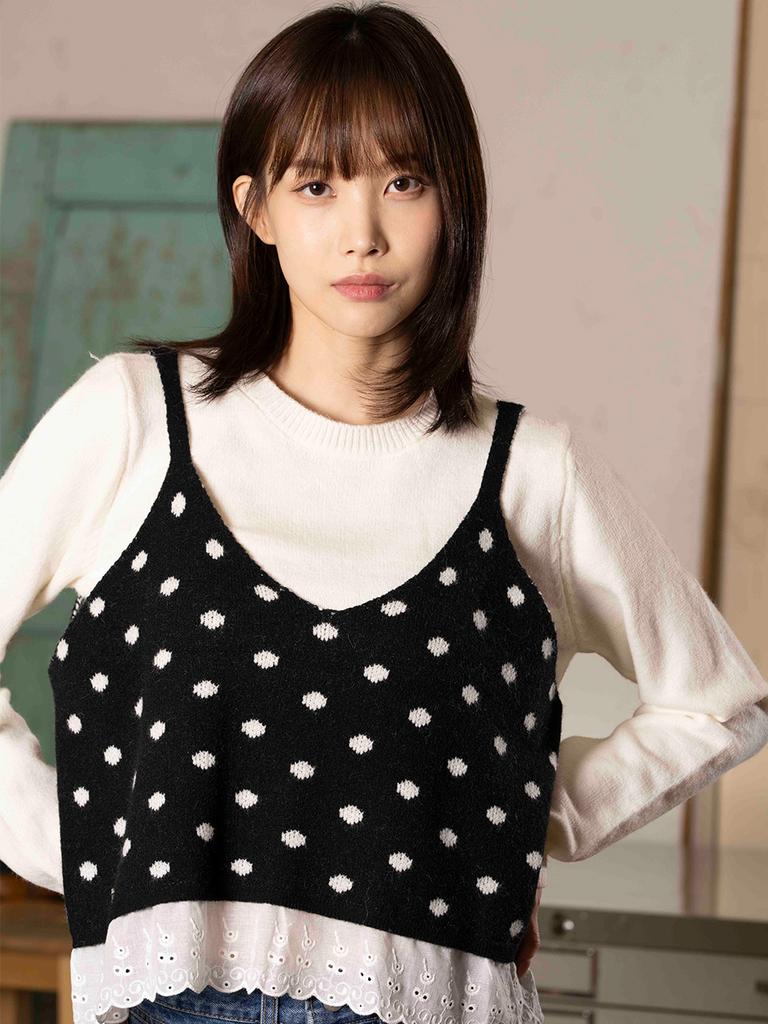 THE GREEN LAB Dot Lace Top Layered Set [Black]