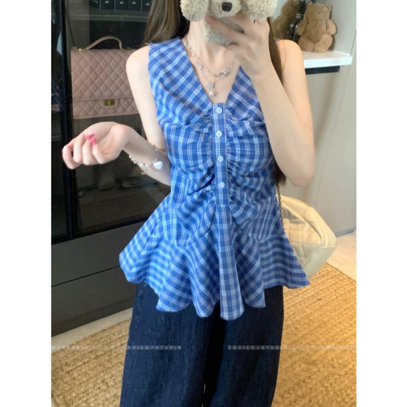 Korean neck V-neck sleeveless sling vest women's design sense waist temperament plaid shirt top women's autumn