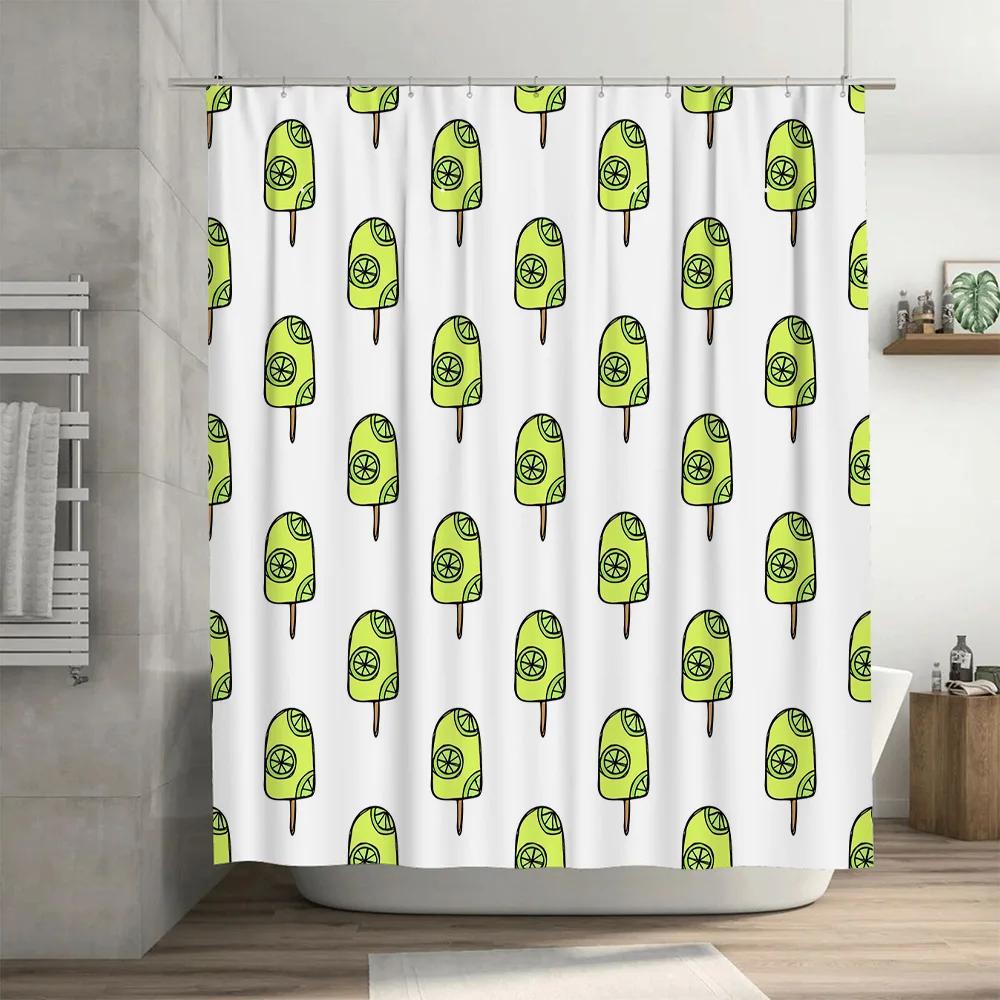 Green Lemon Pop Ice Cream Pattern Shower Curtain Waterproof Bath Decor Home Decoration White/Black/Grey Background