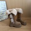 Design sense flanged two wear fluffy boots autumn and winter new plush warm heightening retro but knee cotton boots
