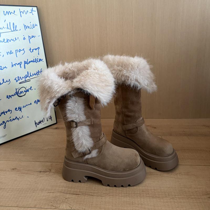 Design sense flanged two wear fluffy boots autumn and winter new plush warm heightening retro but knee cotton boots