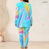 Women Plus Size Two Piece Set Round Neck Long Sleeve Colorful Splash Print Top And Long Pants