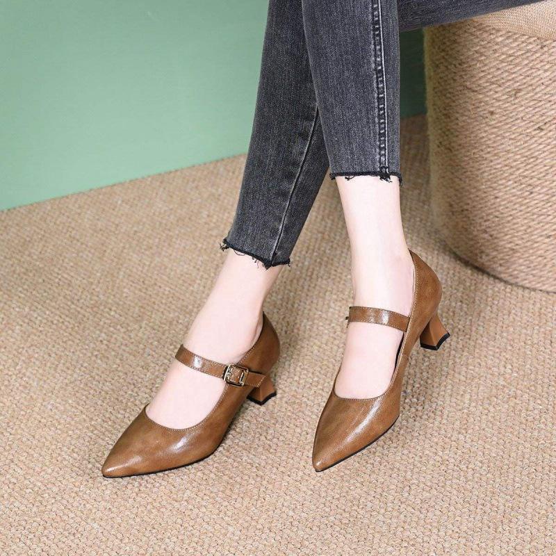 

One word with shallow mouth pointed waterproof table high heels women s spring versatile thick heel waterproof thick heel single shoes 40