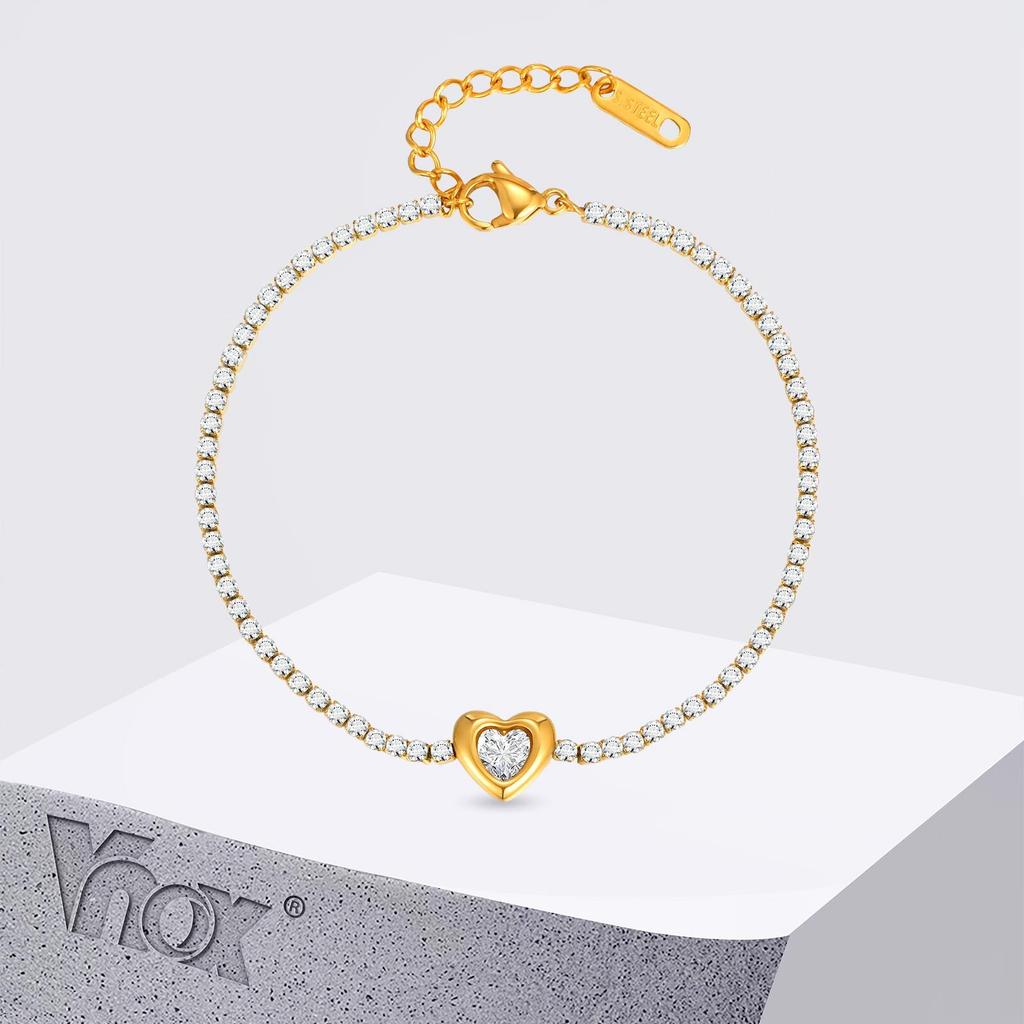 Vnox Heart-shaped Shiny ZC Stones Chain Bracelet, Simple Stainless Steel White Strap Wristband, Love Romantic Hand Jewelry Gifts