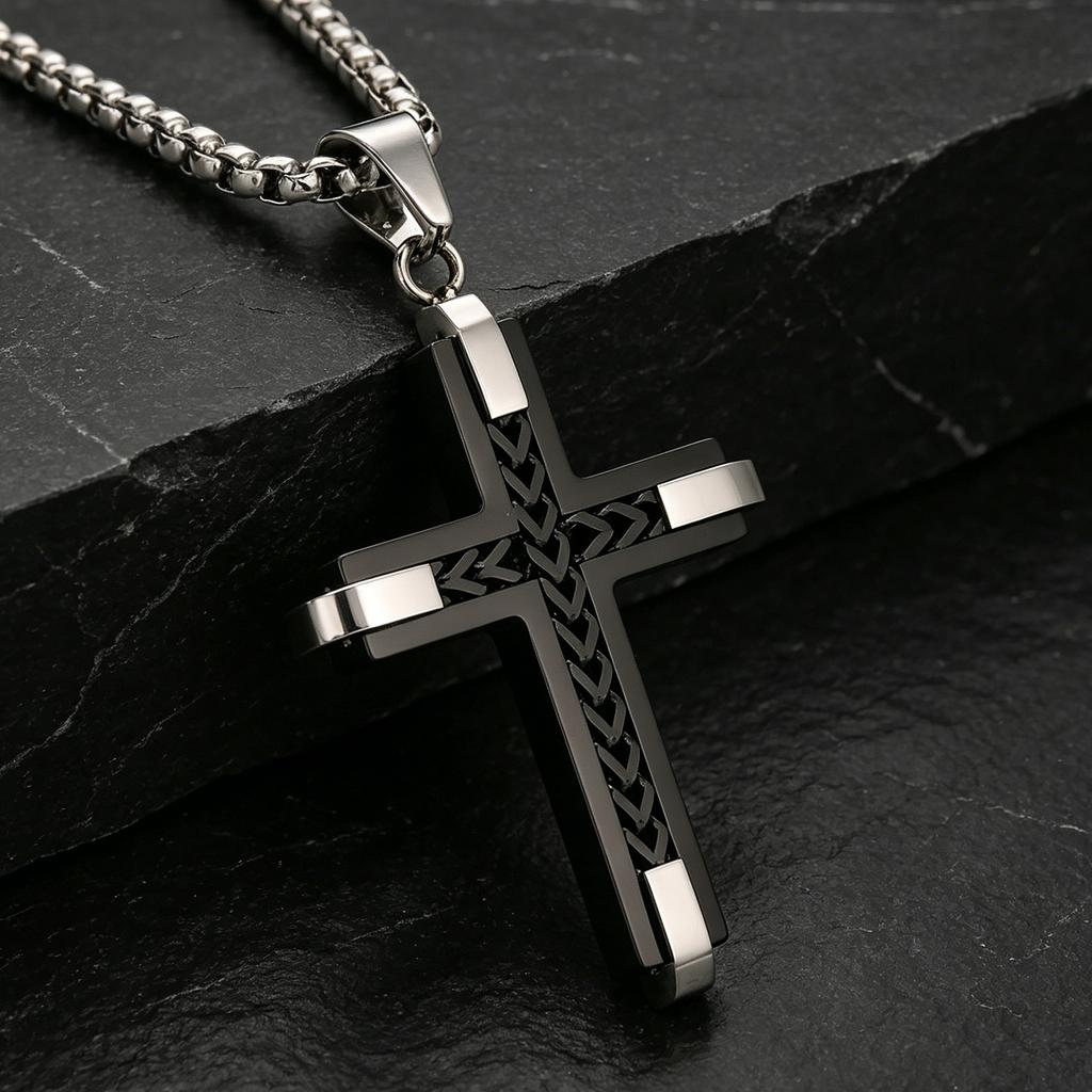 Men's Two-Tone Braided Cross Pendant Hypoallergenic Stainless Steel Religious Faith Jewelry for Boyfriend