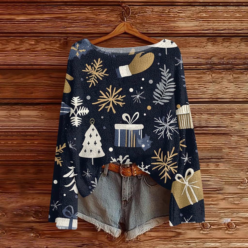 Women's Round Neck Lightweight Sweater Casual Long Sleeve Christmas Print Knit Pullover.