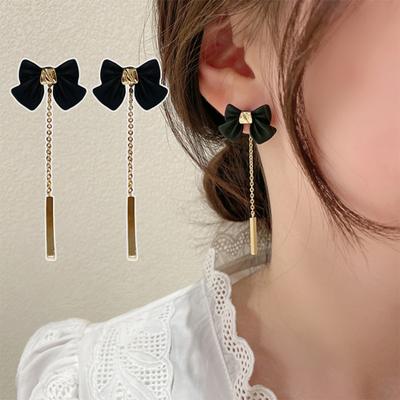 1 Pair Ear Studs Detachable Long Chain Tassel Elegant Gift Cute Black Bowknot
