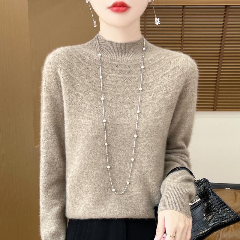 2025 Autumn/Winter Women's Half-High Collar Hollow Design Pure Wool Seamless Sweater Pullover