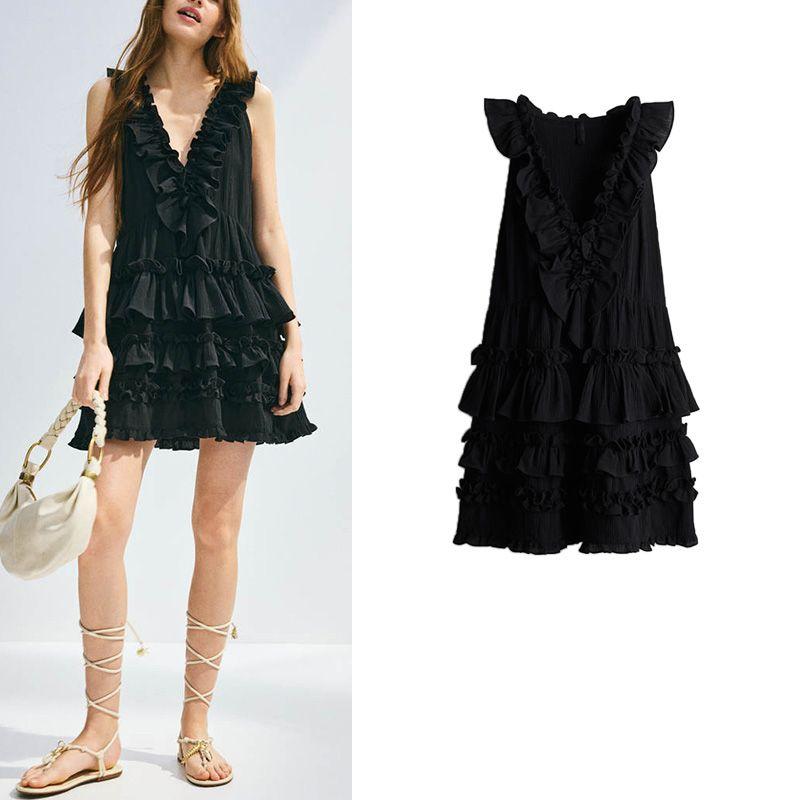 Summer New Product Women's Clothes Cotton Silm V Neck Sleeveless Frill Flared Unlined Dress 1280381
