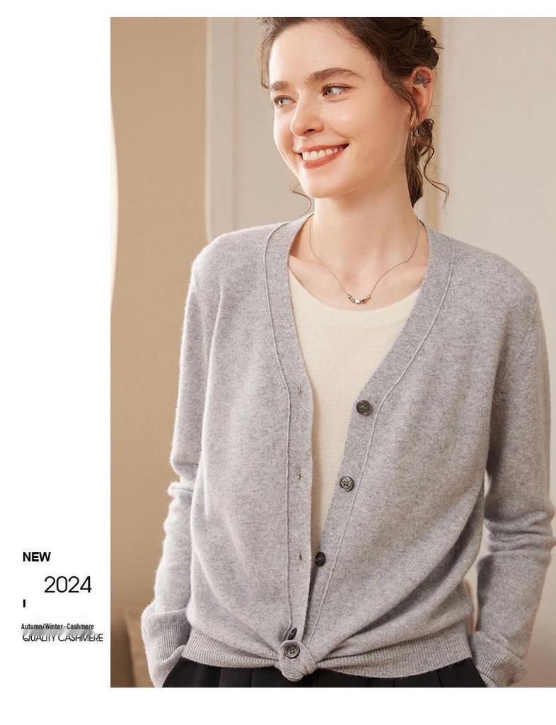 Autumn/Winter Cashmere Knit V-Neck Cardigan – Women's Long Sleeve, Loose Fit, Single-Breasted Top