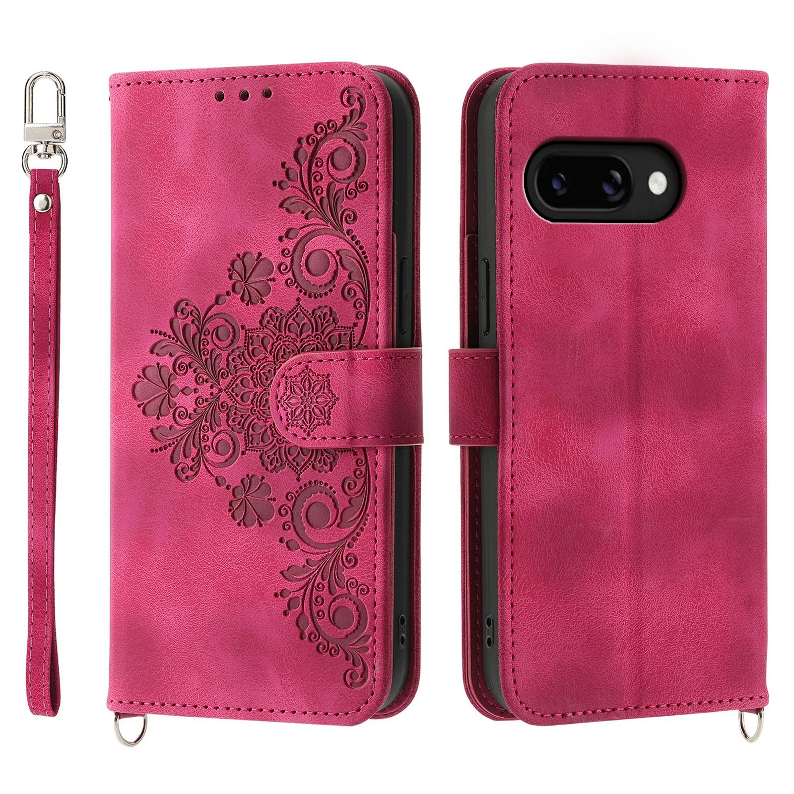 

For Google Pixel 9a Case Flower Pattern PU Leather Wallet Phone Cover with Strap Wine Red
